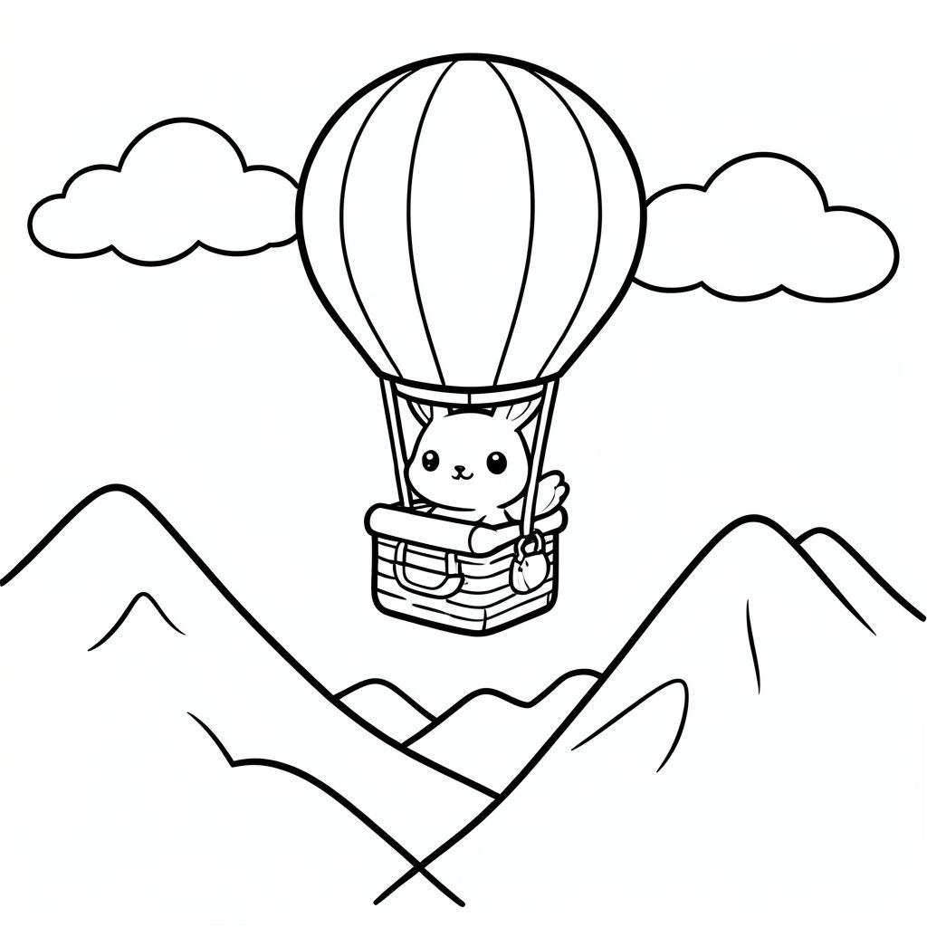 Kawaii bunny flying a hot air balloon over mountains, simple shapes, black and white outlines, vector style, black and white, coloring book page, no shading, thick clean outlines, white background