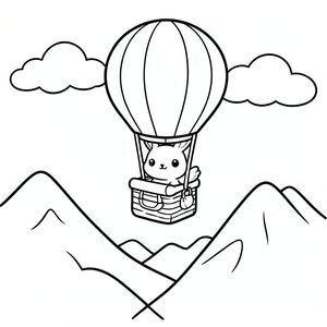 Kawaii bunny flying a hot air balloon over mountains, simple shapes, black and white outlines, vector style, black and white, coloring book page, no shading, thick clean outlines, white background