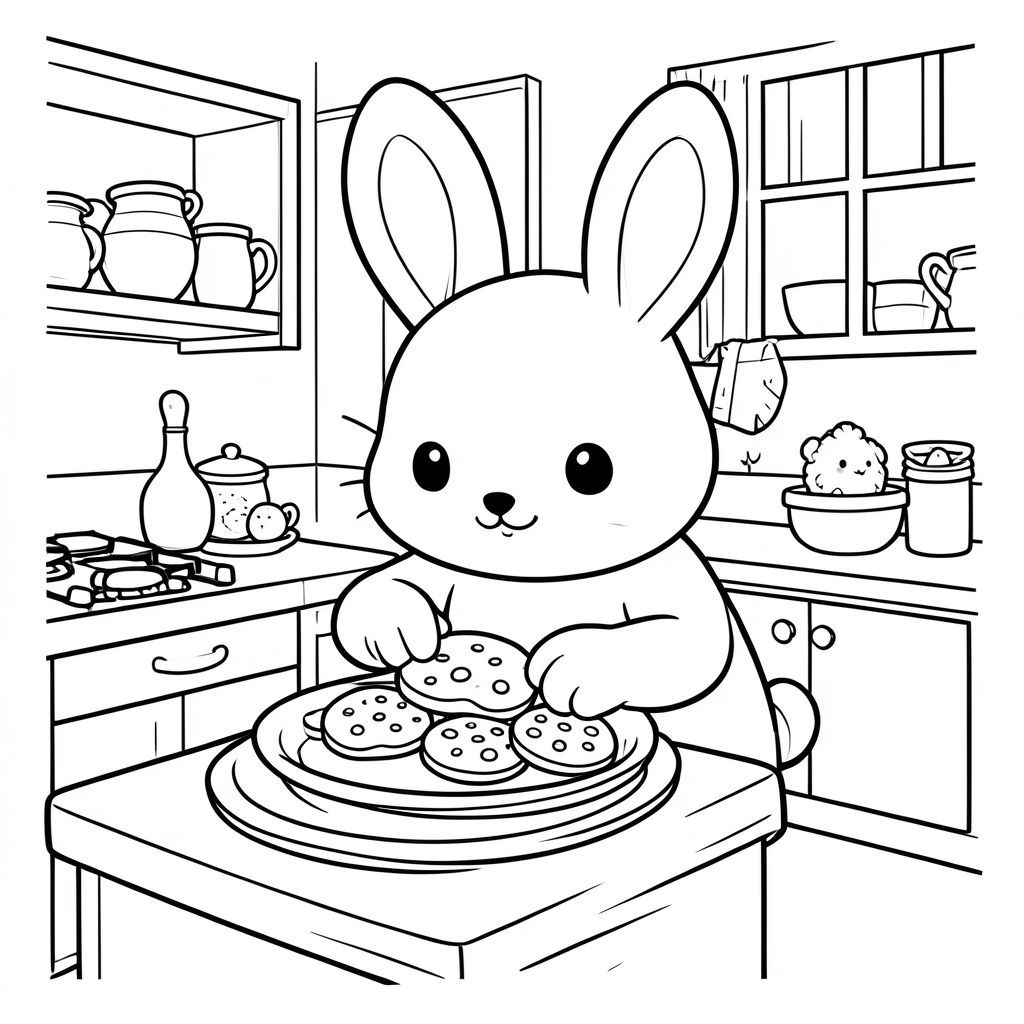 Bunny baking cookies in a cozy kitchen, kawaii style, minimal details, bold lines, vector style, black and white, coloring book page, no shading, thick clean outlines, white background