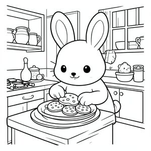 Bunny baking cookies in a cozy kitchen, kawaii style, minimal details, bold lines, vector style, black and white, coloring book page, no shading, thick clean outlines, white background