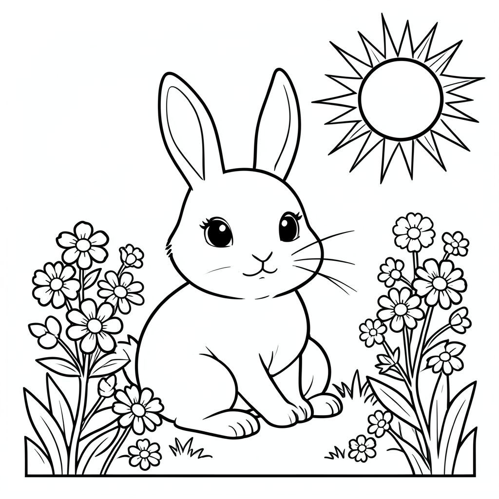 Cute bunny painting on a canvas outdoors, flowers and sun, black and white coloring page, vector style, black and white, coloring book page, no shading, thick clean outlines, white background