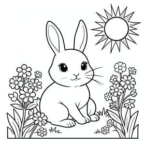 Cute bunny painting on a canvas outdoors, flowers and sun, black and white coloring page, vector style, black and white, coloring book page, no shading, thick clean outlines, white background