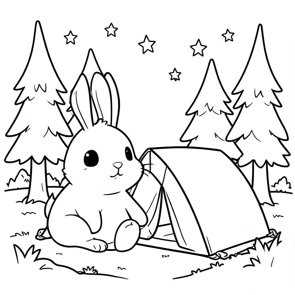 Kawaii bunny camping in a forest, tent, stars in sky, simple clean line art, vector style, black and white, coloring book page, no shading, thick clean outlines, white background