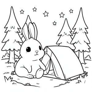 Kawaii bunny camping in a forest, tent, stars in sky, simple clean line art, vector style, black and white, coloring book page, no shading, thick clean outlines, white background