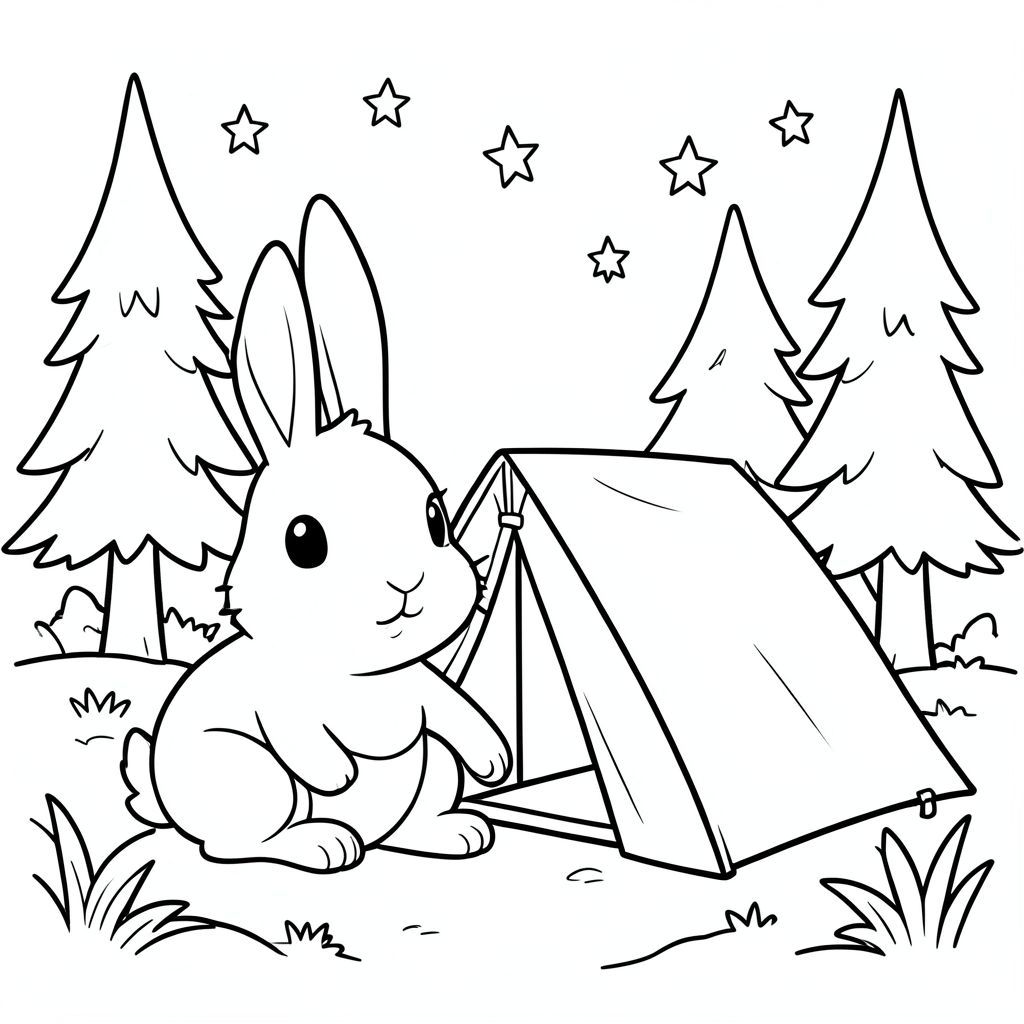 cute bunny camping in a forest, tent, stars in sky, simple clean line art, vector style, black and white, coloring book page, no shading, thick clean outlines, white background