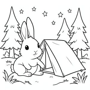cute bunny camping in a forest, tent, stars in sky, simple clean line art, vector style, black and white, coloring book page, no shading, thick clean outlines, white background