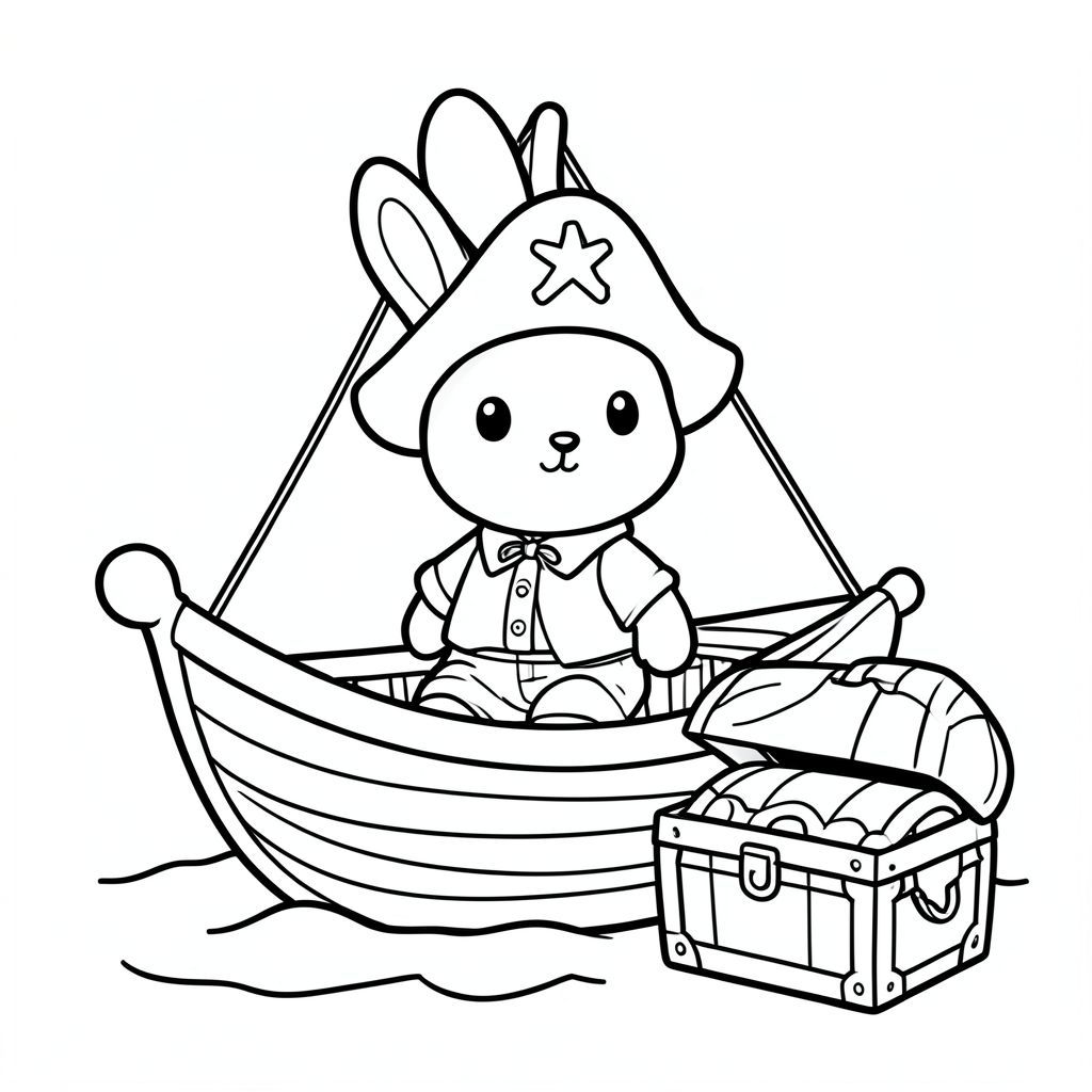 Bunny dressed as a pirate sailing a small boat, treasure chest nearby, kawaii coloring style, vector style, black and white, coloring book page, no shading, thick clean outlines, white background
