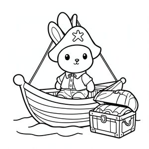 Bunny dressed as a pirate sailing a small boat, treasure chest nearby, kawaii coloring style, vector style, black and white, coloring book page, no shading, thick clean outlines, white background