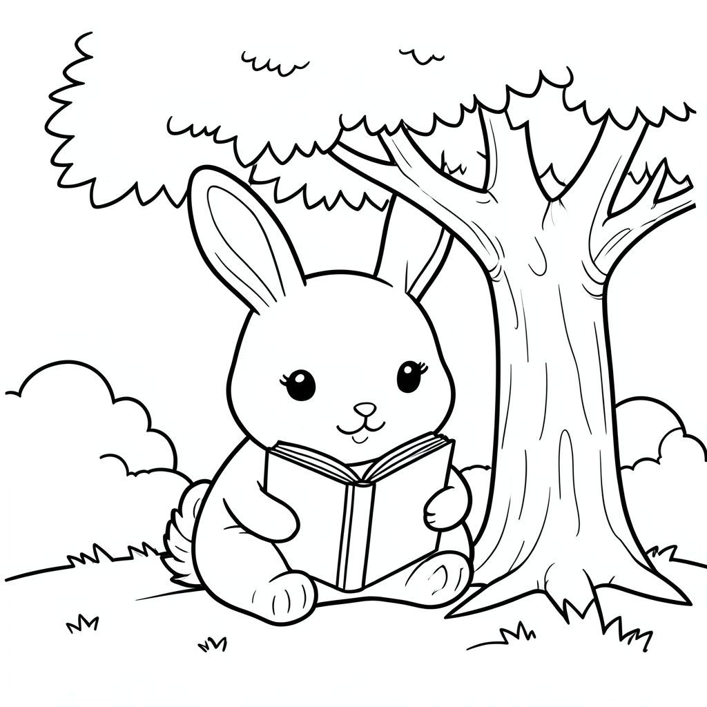 Cute bunny reading a book under a tree, peaceful scene, simple outlines, vector style, black and white, coloring book page, no shading, thick clean outlines, white background