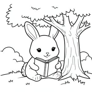 Cute bunny reading a book under a tree, peaceful scene, simple outlines, vector style, black and white, coloring book page, no shading, thick clean outlines, white background
