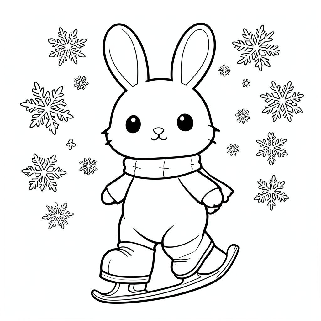 Kawaii bunny ice skating in winter, snowflakes, scarf, black and white line art, vector style, black and white, coloring book page, no shading, thick clean outlines, white background