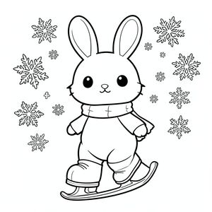 Kawaii bunny ice skating in winter, snowflakes, scarf, black and white line art, vector style, black and white, coloring book page, no shading, thick clean outlines, white background