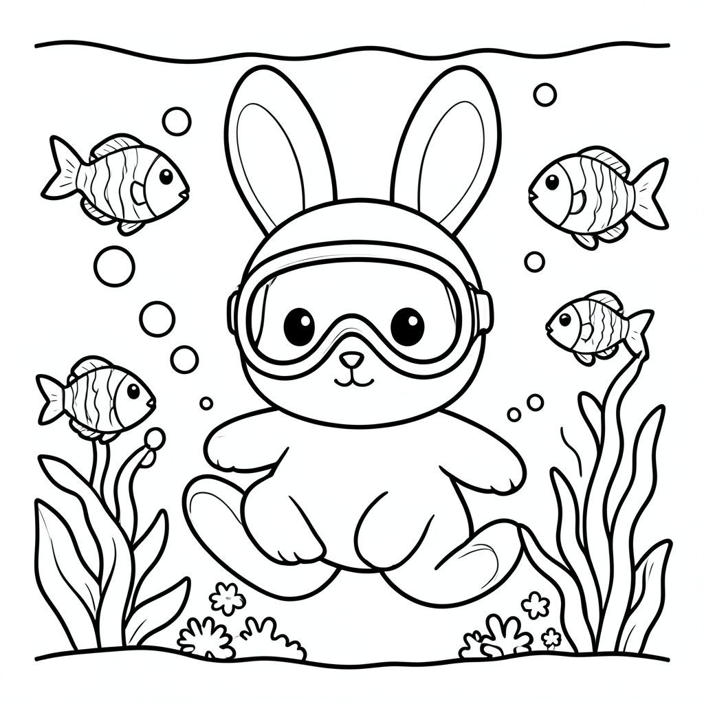 Bunny exploring underwater with fish and bubbles, wearing diving mask, cute kawaii style, vector style, black and white, coloring book page, no shading, thick clean outlines, white background