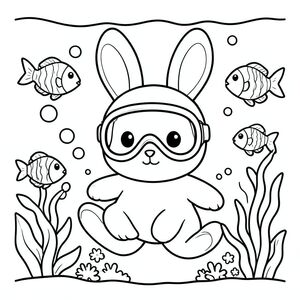 Bunny exploring underwater with fish and bubbles, wearing diving mask, cute kawaii style, vector style, black and white, coloring book page, no shading, thick clean outlines, white background