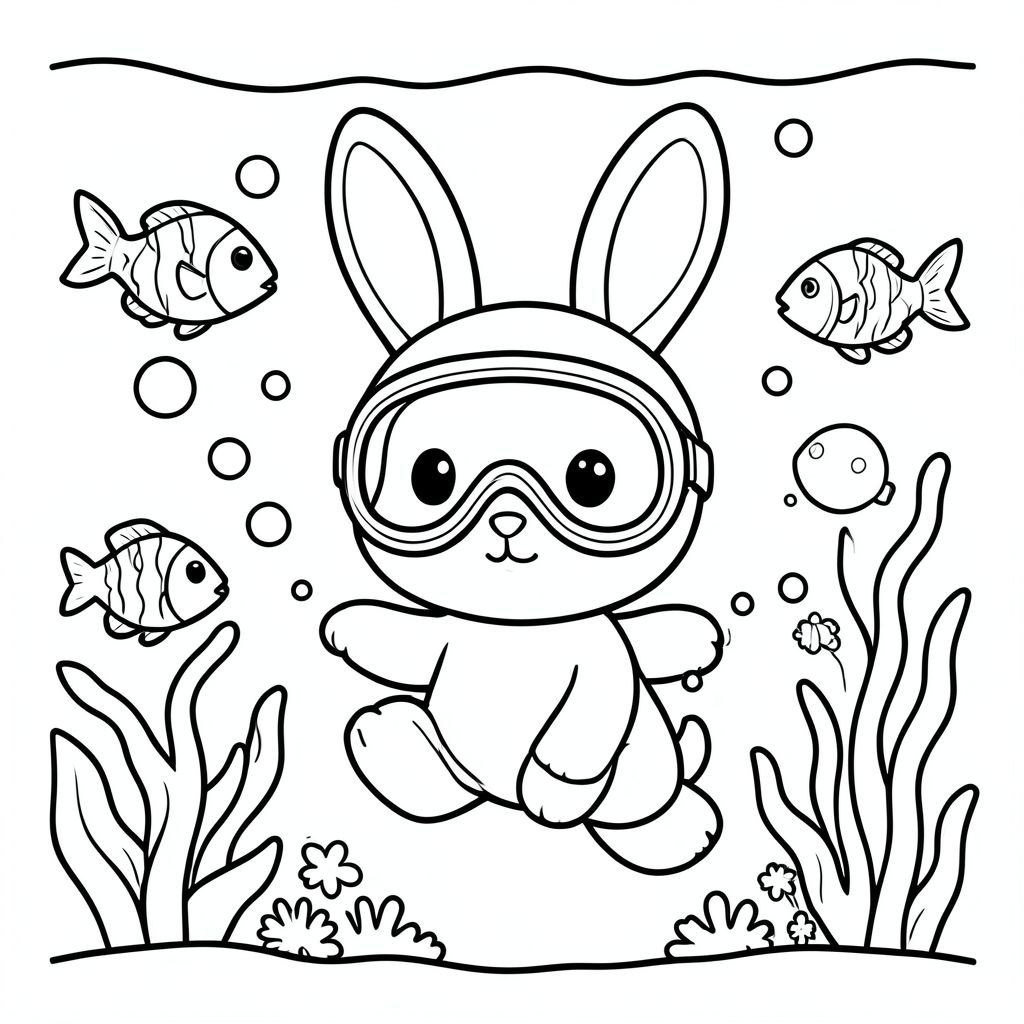 little cute Bunny exploring underwater with fish and bubbles, wearing diving mask, cute kawaii style, vector style, black and white, coloring book page, no shading, thick clean outlines, white background