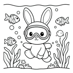 little cute Bunny exploring underwater with fish and bubbles, wearing diving mask, cute kawaii style, vector style, black and white, coloring book page, no shading, thick clean outlines, white background