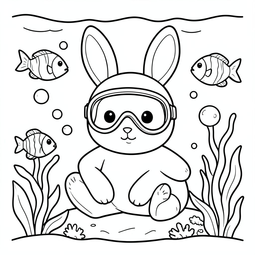 Bunny exploring underwater with fish and bubbles, wearing diving mask, cute style, vector style, black and white, coloring book page, no shading, thick clean outlines, white background