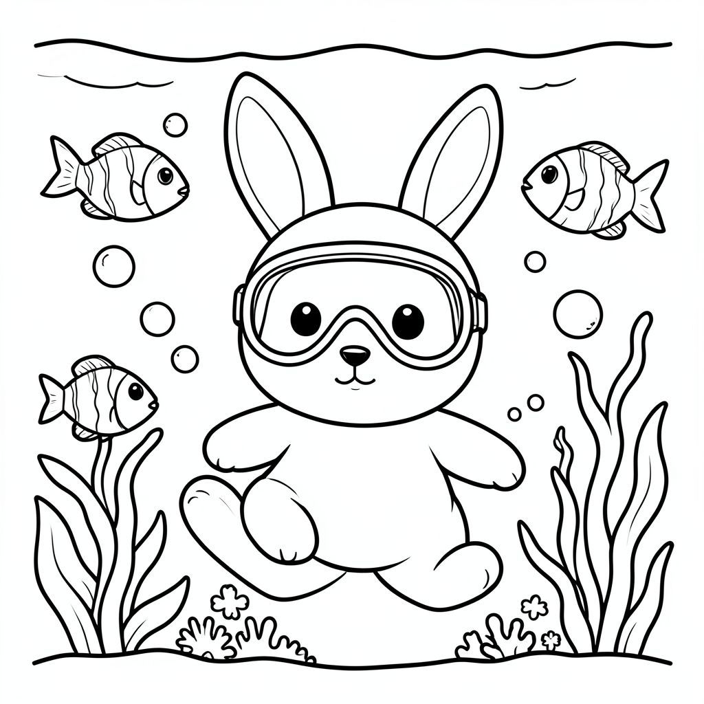 Bunny exploring underwater with fish and bubbles, wearing diving mask, cute vector style, black and white, coloring book page, no shading, thick clean outlines, white background