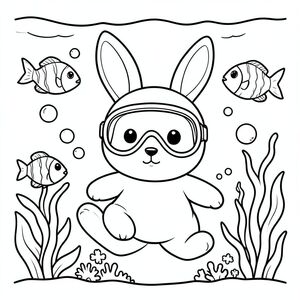 Bunny exploring underwater with fish and bubbles, wearing diving mask, cute vector style, black and white, coloring book page, no shading, thick clean outlines, white background