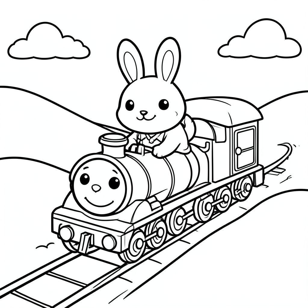 Cute bunny riding a train through hills, simple shapes, bold outlines, vector style, black and white, coloring book page, no shading, thick clean outlines, white background