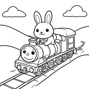 Cute bunny riding a train through hills, simple shapes, bold outlines, vector style, black and white, coloring book page, no shading, thick clean outlines, white background