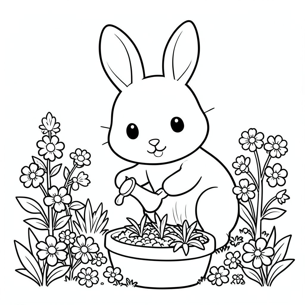 Kawaii bunny gardening, watering plants, flowers around, coloring page style, vector style, black and white, coloring book page, no shading, thick clean outlines, white background