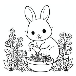 Kawaii bunny gardening, watering plants, flowers around, coloring page style, vector style, black and white, coloring book page, no shading, thick clean outlines, white background