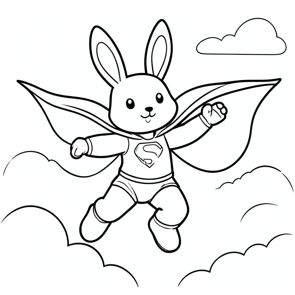 Bunny superhero flying in the sky, cape waving, simple black and white line art, vector style, black and white, coloring book page, no shading, thick clean outlines, white background