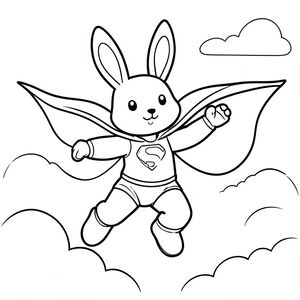 Bunny superhero flying in the sky, cape waving, simple black and white line art, vector style, black and white, coloring book page, no shading, thick clean outlines, white background