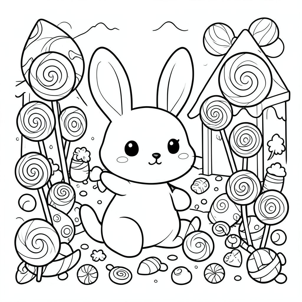 Cute bunny visiting a candy land, lollipops and sweets everywhere, kawaii coloring style, vector style, black and white, coloring book page, no shading, thick clean outlines, white background
