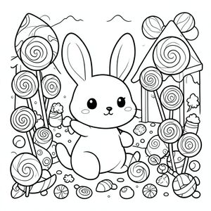 Cute bunny visiting a candy land, lollipops and sweets everywhere, kawaii coloring style, vector style, black and white, coloring book page, no shading, thick clean outlines, white background
