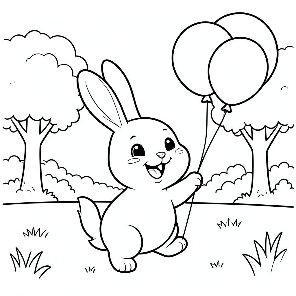 Bunny playing with balloons in the park, happy expression, clean outlines, vector style, black and white, coloring book page, no shading, thick clean outlines, white background

