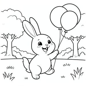 Bunny playing with balloons in the park, happy expression, clean outlines, vector style, black and white, coloring book page, no shading, thick clean outlines, white background
