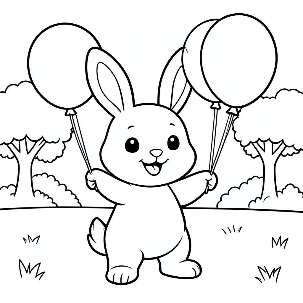 Bunny playing with both hands holding balloons in the park, happy expression, clean outlines, vector style, black and white, coloring book page, no shading, thick clean outlines, white background
