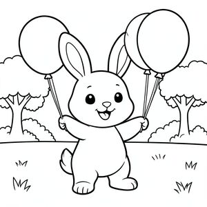Bunny playing with both hands holding balloons in the park, happy expression, clean outlines, vector style, black and white, coloring book page, no shading, thick clean outlines, white background
