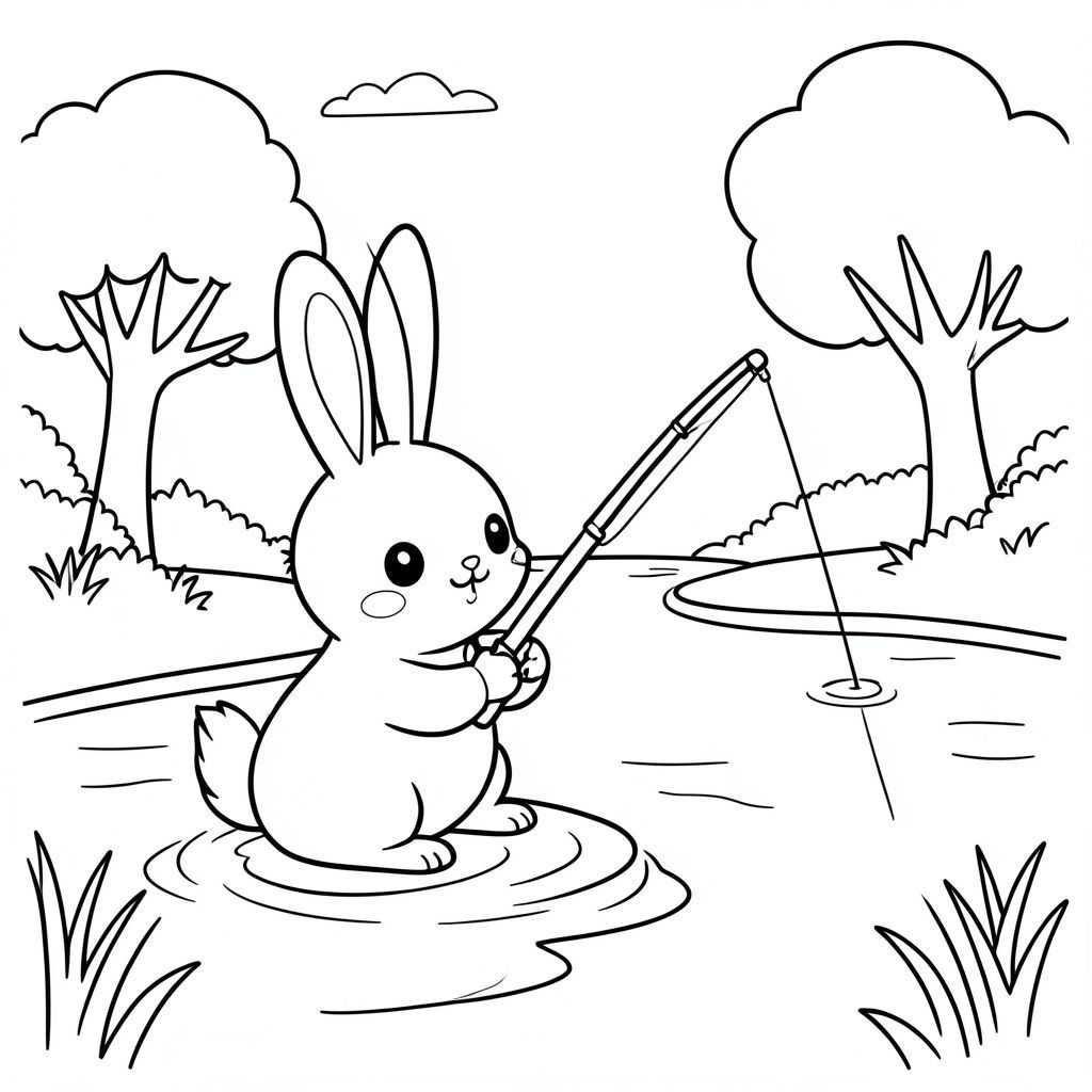 Kawaii bunny fishing by a lake, simple water and trees, kids coloring book style, vector style, black and white, coloring book page, no shading, thick clean outlines, white background