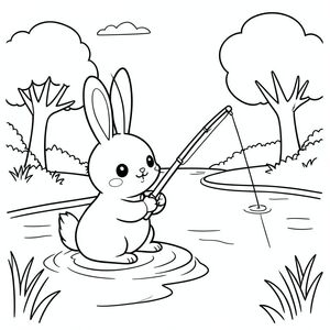 Kawaii bunny fishing by a lake, simple water and trees, kids coloring book style, vector style, black and white, coloring book page, no shading, thick clean outlines, white background