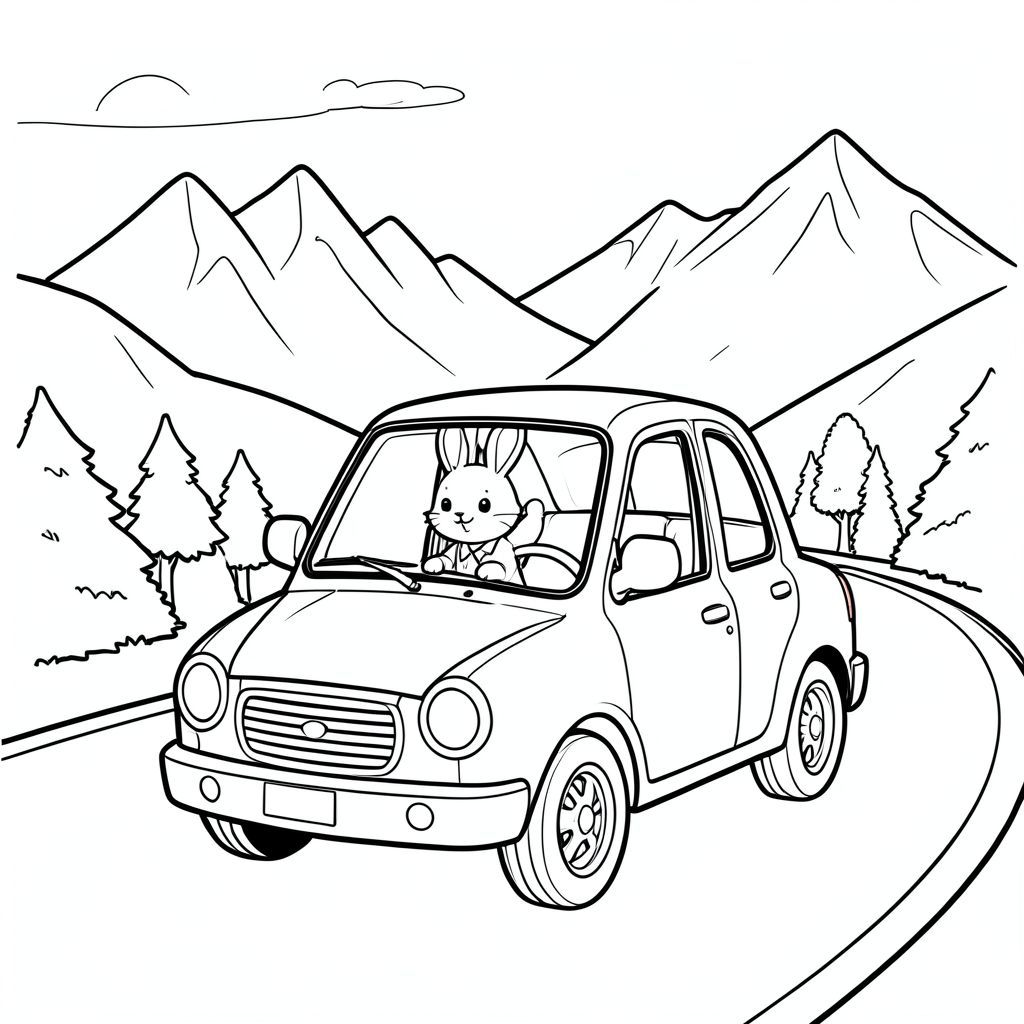 Bunny traveling in a small car, road trip, mountains in background, black and white, vector style, black and white, coloring book page, no shading, thick clean outlines, white background
