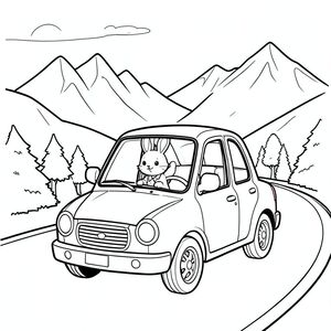 Bunny traveling in a small car, road trip, mountains in background, black and white, vector style, black and white, coloring book page, no shading, thick clean outlines, white background
