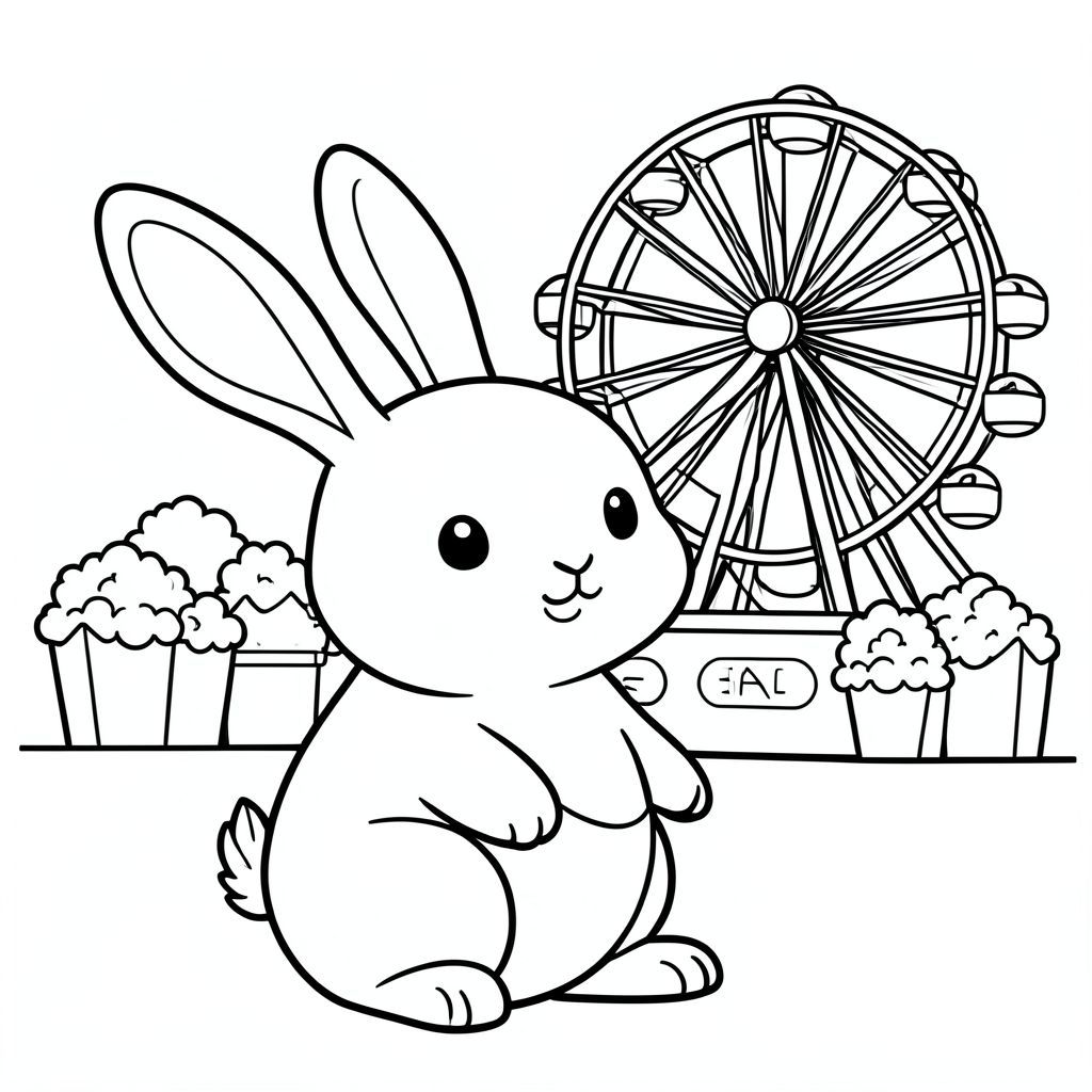 Cute bunny at a carnival, ferris wheel and popcorn, simple line art, vector style, black and white, coloring book page, no shading, thick clean outlines, white background