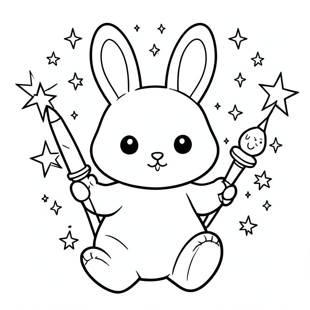 Kawaii bunny learning magic, holding a wand, stars and sparkles, bold outlines, vector style, black and white, coloring book page, no shading, thick clean outlines, white background