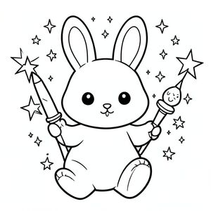 Kawaii bunny learning magic, holding a wand, stars and sparkles, bold outlines, vector style, black and white, coloring book page, no shading, thick clean outlines, white background