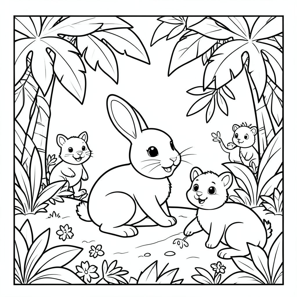 Bunny exploring a jungle, friendly animals around, simple shapes, coloring page, vector style, black and white, coloring book page, no shading, thick clean outlines, white background
