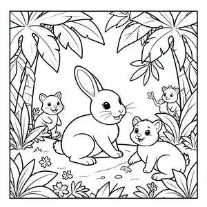 Bunny exploring a jungle, friendly animals around, simple shapes, coloring page, vector style, black and white, coloring book page, no shading, thick clean outlines, white background