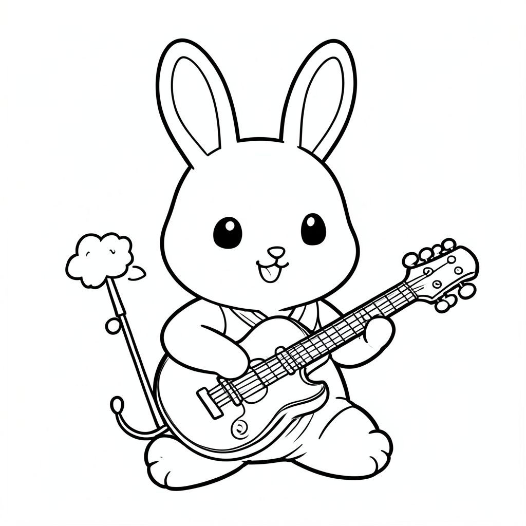 Cute bunny playing musical instruments, fun and cheerful scene, kawaii style, vector style, black and white, coloring book page, no shading, thick clean outlines, white background