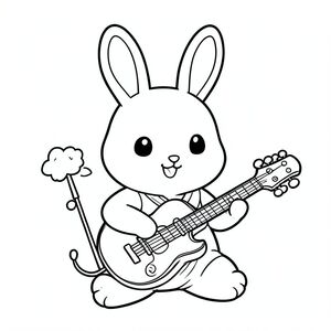 Cute bunny playing musical instruments, fun and cheerful scene, kawaii style, vector style, black and white, coloring book page, no shading, thick clean outlines, white background