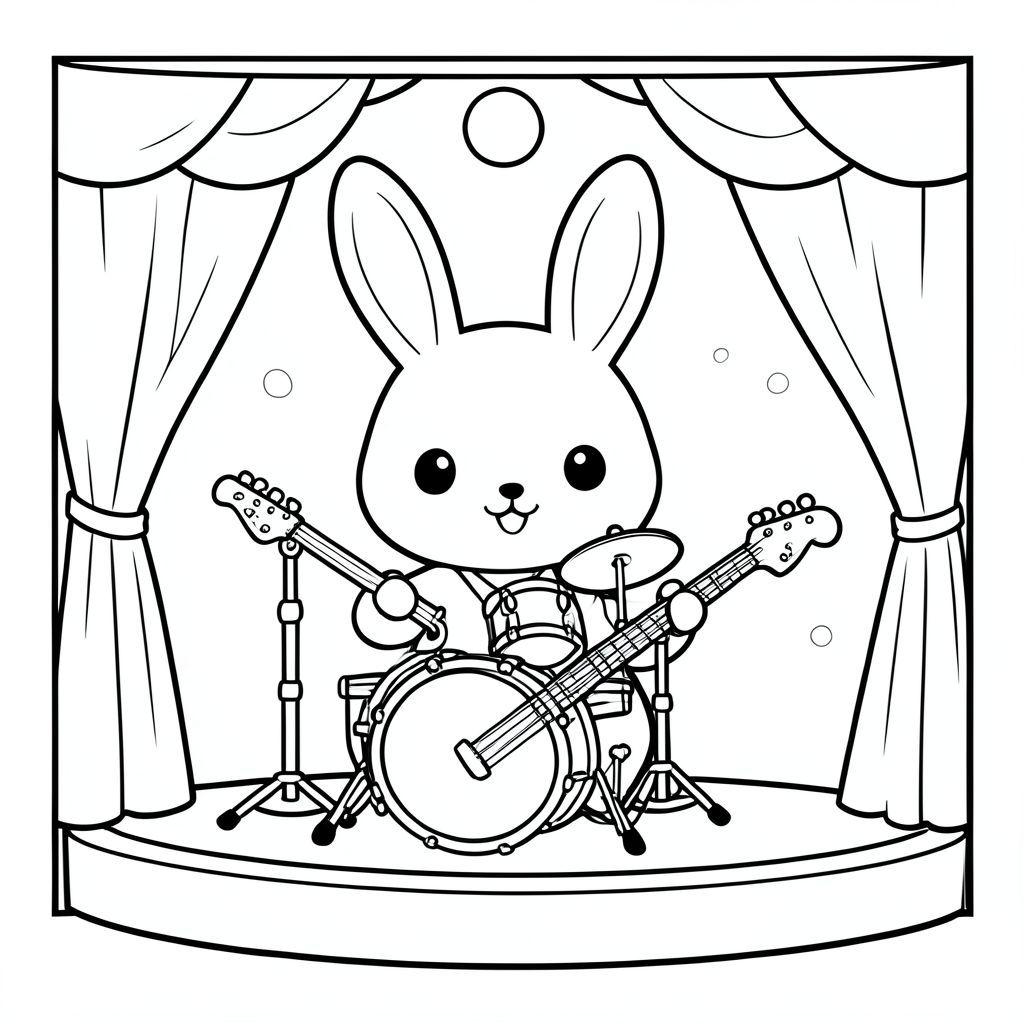 Cute bunny playing musical instruments, fun and cheerful scene,on stage, kawaii style, vector style, black and white, coloring book page, no shading, thick clean outlines, white background