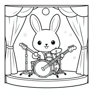Cute bunny playing musical instruments, fun and cheerful scene,on stage, kawaii style, vector style, black and white, coloring book page, no shading, thick clean outlines, white background