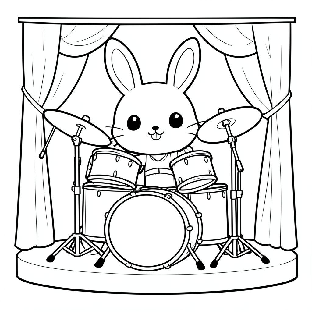 Cute bunny playing drums instruments, fun and cheerful scene,on stage, kawaii style, vector style, black and white, coloring book page, no shading, thick clean outlines, white background