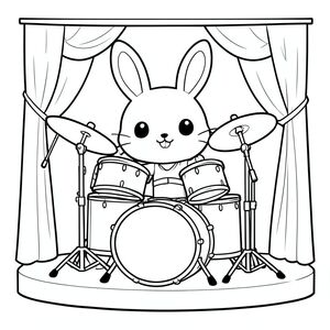 Cute bunny playing drums instruments, fun and cheerful scene,on stage, kawaii style, vector style, black and white, coloring book page, no shading, thick clean outlines, white background